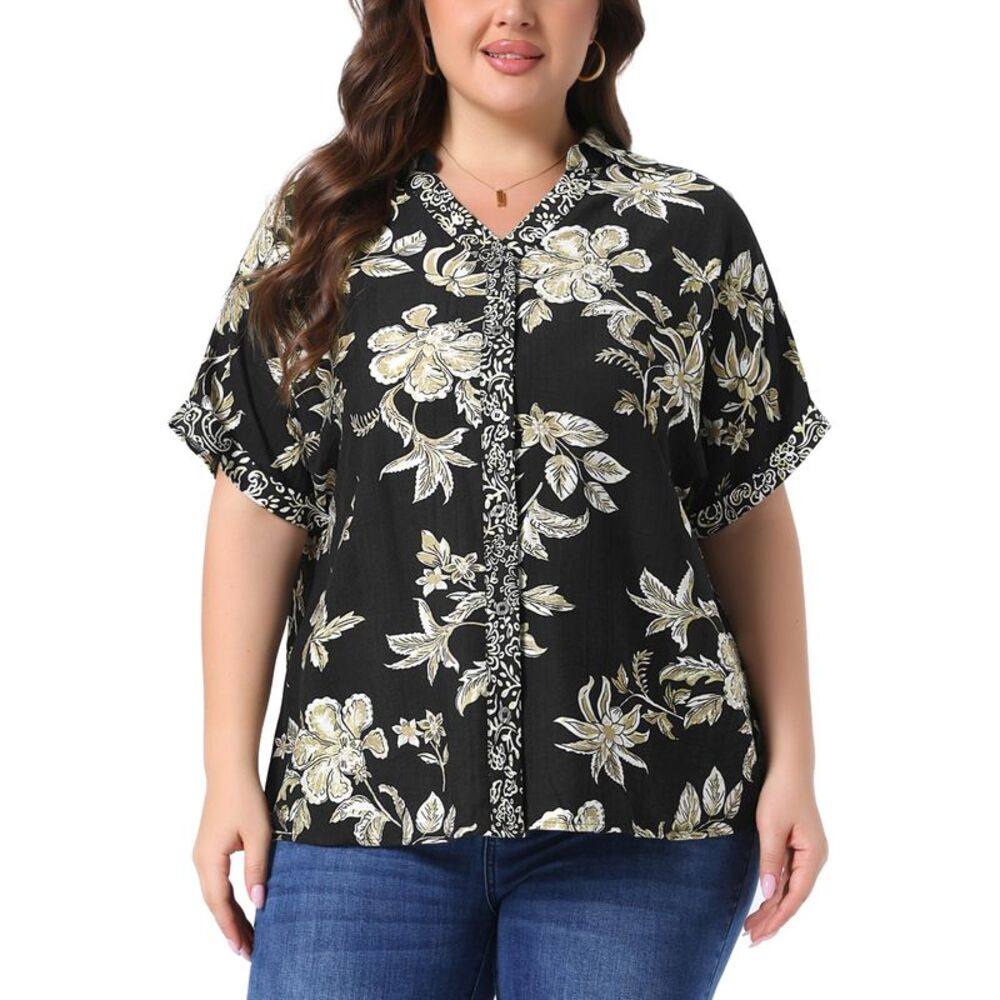 Women Plus Size Button Collared V Neck Floral Shirts Black